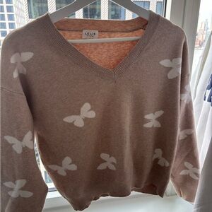 Le Lis Taupe and White Butterfly V-Neck Sweater